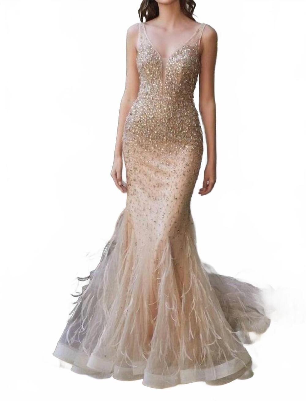 NEW CINDERELLA DIVINE iris embellished feather mermaid formal dress in gold